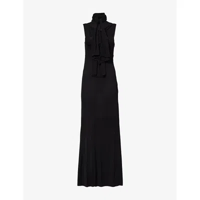 ALAÏA WOMENS HIGH-NECK BOW WOVEN MAXI DRESS NOIR ALAIA