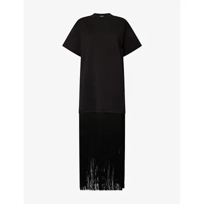 Alaïa Womens Alaia Fringed T-shirt Cotton Midi Dress In Black