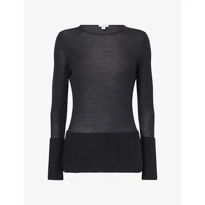 Alaïa Womens Noir Alaia Semi-sheer Ribbed-trim Wool Top In Black