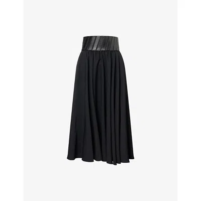 Alaïa Leather-trimmed Wool-gabardine Midi Skirt In Black