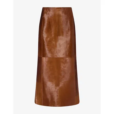 Alaïa Womens Pony Hair Midi Pencil Skirt Tabac