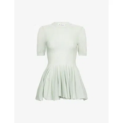 Alaïa Womens Vert Amande Peplum Fine-knit Wool Top In Green