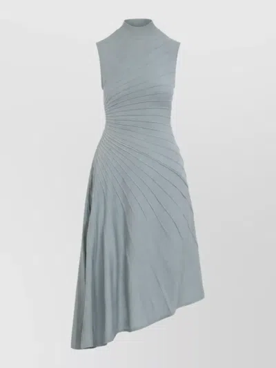 Alaïa Wool Ribbed Sleeveless High-neck Pleated Asymmetric Midi Dress In Gray