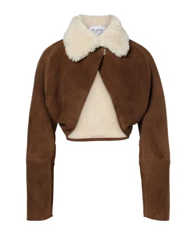 Alaïa Wool Trim Leather Jacket In Brown