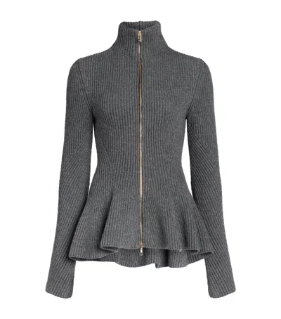 Alaïa Wool-cashmere Peplum Cardigan In Gray