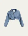 Alaïa Wrap Denim Cropped Asymmetric Jacket In Bleu Neige