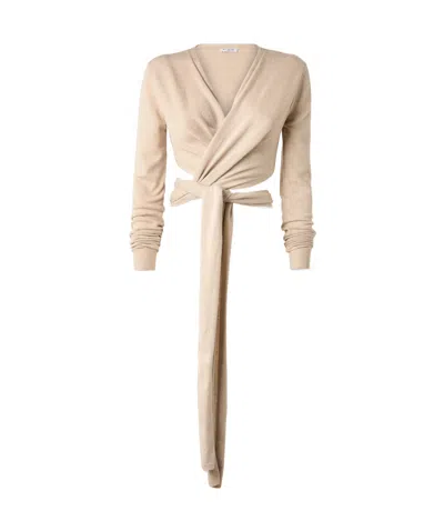 Alaïa Cropped Cashmere-blend Wrap Top In Neutral