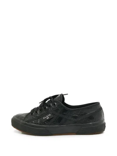 Pre-owned Alaïa X Superga Croc-embossed Leather Sneakers In Black