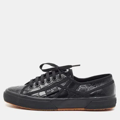 Pre-owned Alaïa X Superga Size 39 Black Croc Embossed Leather And Fabric Low Top Sneakers