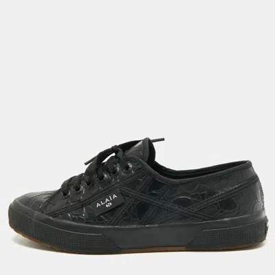 Pre-owned Alaïa X Superga Size 40 Black Croc Embossed Leather And Fabric Low Top Sneakers