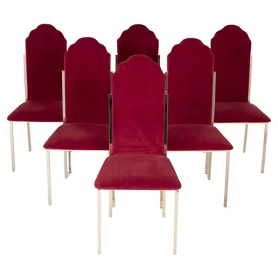 Pre-owned Alain Delon Set Of Six Dining Chairs For Maison Jansen With Brass Frame & Velvet Upholstery In Red