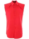Alainpaul Structured Shoulder Poplin Button Down Blouse In Red