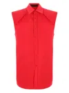 Alainpaul Structured Shoulder Poplin Button Down Blouse In Red