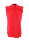 Alainpaul Structured Shoulder Poplin Button Down Blouse In Red