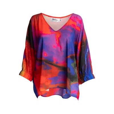 Alanakayart Women's Three Quarter Sleeve V Neck Blouse - Red In Multi