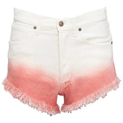 Pre-owned Alanui 2024 Papaya Pink Ombre Dip Dye Cream Frayed Denim Shorts 25" In White