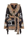 Alanui Waist Belt Fringe Geometric Pattern Long Sleeves Cardigan In Brown