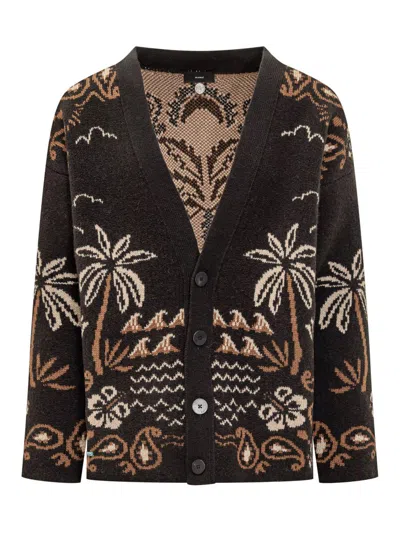 Alanui Black Cardigan With Tropical Pattern