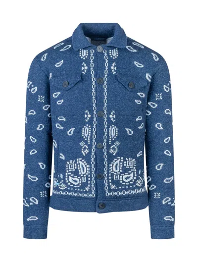 Alanui Blue Cardigan With Bandana Pattern