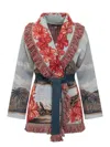Alanui Cardigan With Tropical Pattern And Red Flowers In Animal Print