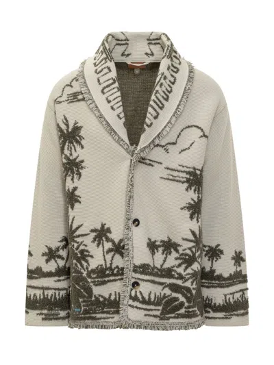 Alanui Jacquard Cardigan With Tropical Pattern In Neutral