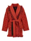Alanui Bandana Jacquard Fringed Belted Cardigan In Red