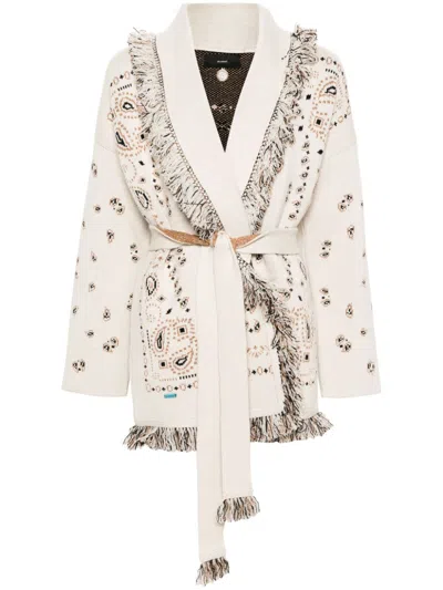 Alanui Paisley-jacquard Frayed Cardigan In Beige