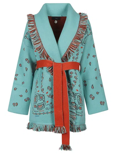 Alanui Bandana Jacquard Belted Cardigan In Turquoise Furnace
