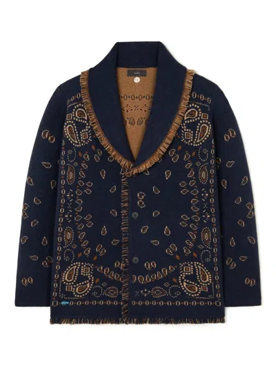 Alanui Bandana Jacquard Cardigan With Shawl Collar And Fringed Edges In Blue