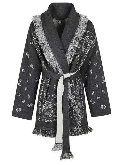Alanui Bandana Jacquard Cashmere Cardigan With Fringed Edges In Black