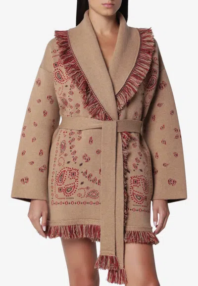 Alanui Bandana Jacquard Fringed Belted Cardigan In Brown