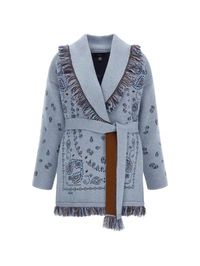 Alanui Bandana-inspired Jacquard Cardigan With Fringed Edges In Blue