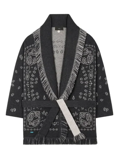 Alanui Bandana-jacquard Fringed Cardigan In Gray
