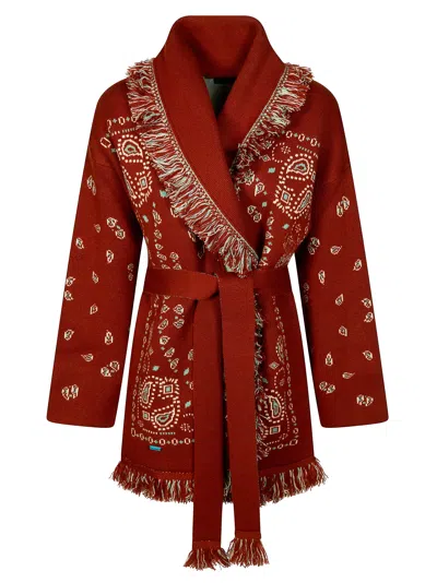 Alanui Bandana Jacquard Fringed Cashmere Cardigan In Red