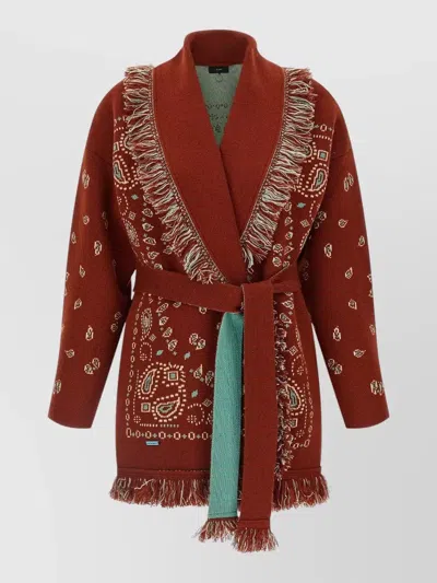 Alanui Bandana Knit Cardigan Belt Fringe Long In Brown