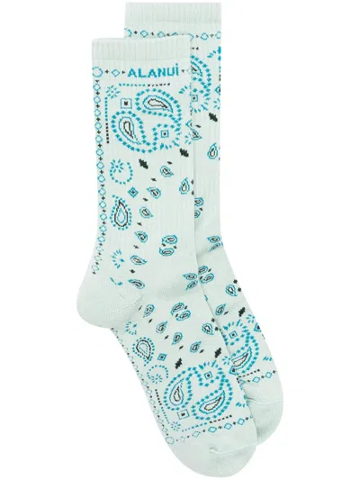 Alanui Bandana Logo-embroidered Ribbed-knit Socks In Blue
