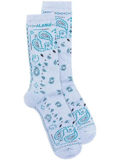 Alanui Bandana Logo-embroidered Ribbed-knit Socks In Blue