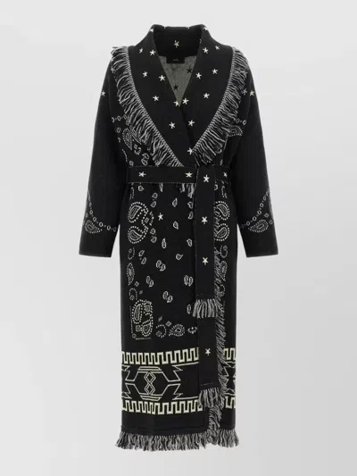 Alanui Bandana Long Coat Fringe Stars Paisley Belt In Black