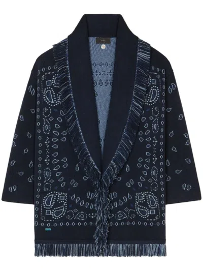 Alanui Cashmere Wrap Sweater With Fringed Detailing And Elegant Pattern In Blue