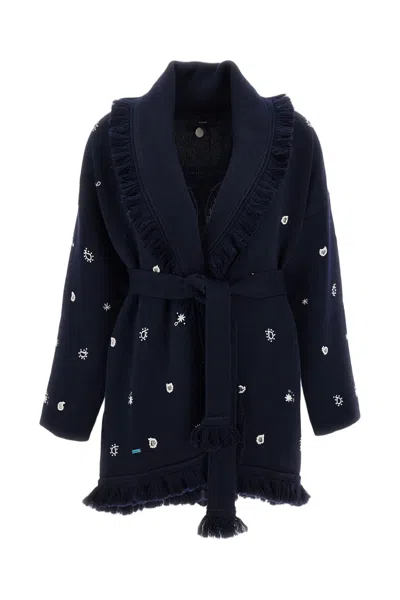Alanui Bandana Pattern Wool Blend Cardigan With Fringed Edges In Blue