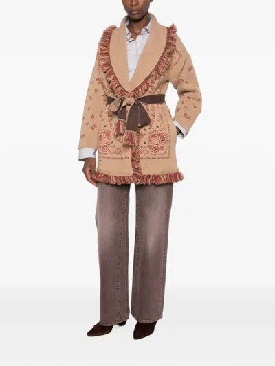 Alanui Cashmere Bandana Jacquard Fringed Belted Oversized Cardigan In Brown