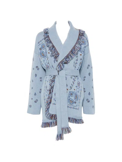 Alanui Bandana-inspired Jacquard Cardigan With Fringed Edges In Blue