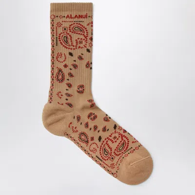 Alanui Beige Cotton-blend Bandana-pattern Socks In Brown