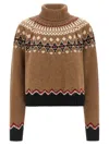 Alanui Patterned Camel Turtleneck Sweater With Geometric And Floral Motifs In Brown