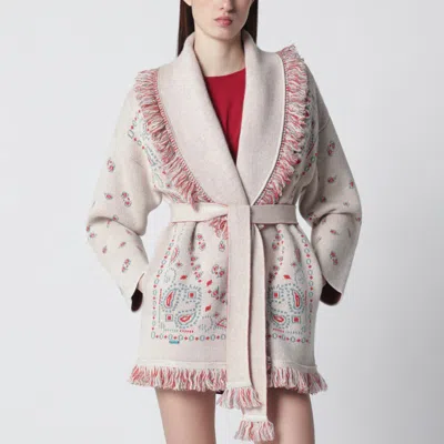 Alanui Beige/coral Bandana Jacquard Cardigan In Multi