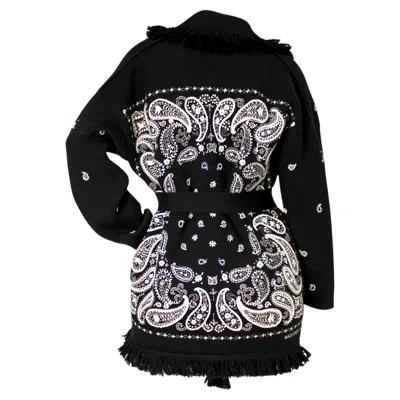 Pre-owned Alanui Black Bandana Embroidered Fringe Belted Cardigan