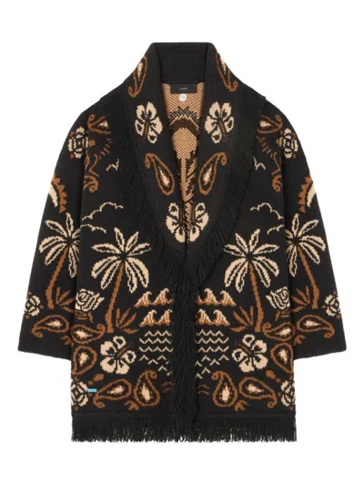 ALANUI BLACK PALM-TREE FRINGE CARDIGAN