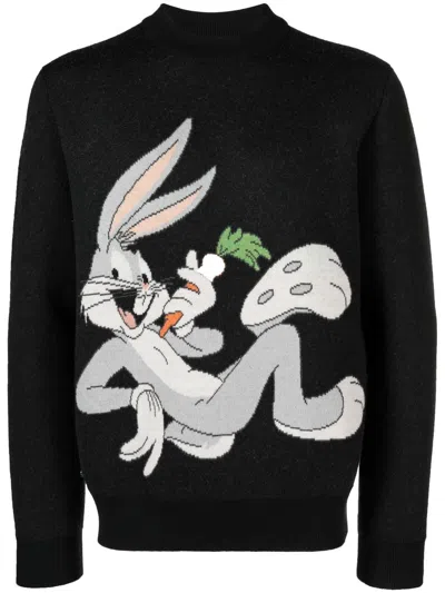 Alanui Bugs Bunny Wool Knit Crewneck Sweater In Black