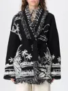 Alanui Black Cardigan With Tropical Pattern And Fringes In Multi