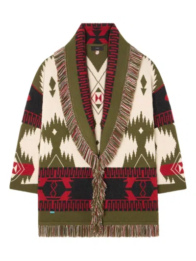 Alanui Icon Jacquard Fringe Cardigan In Green